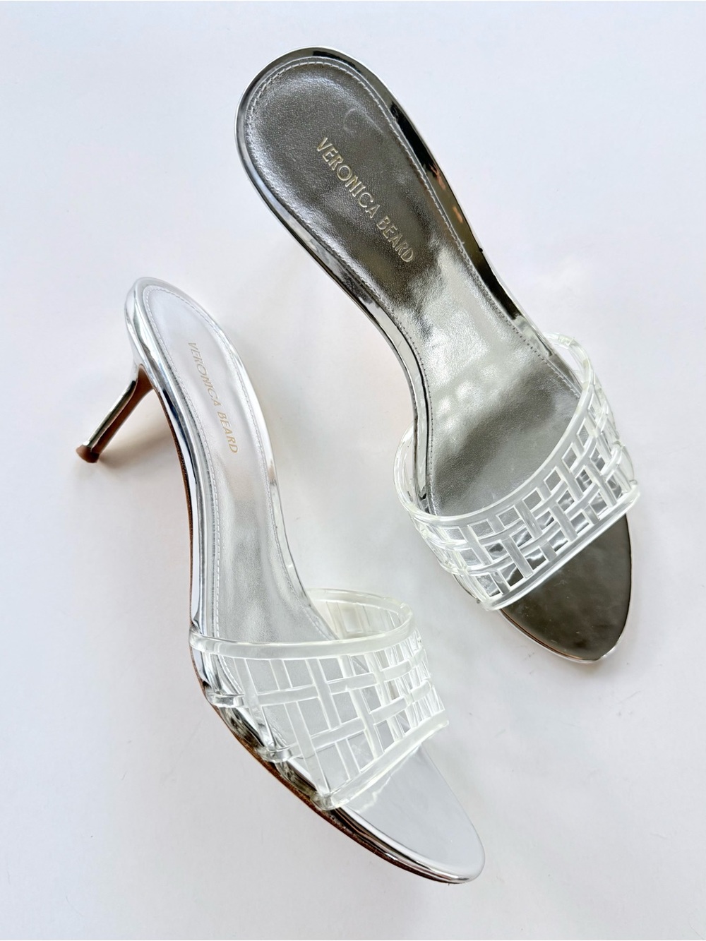 VERONICA BEARD Tia Jelly Mule Slide Sandal Heel in Silver Metallic and Clear 7.5